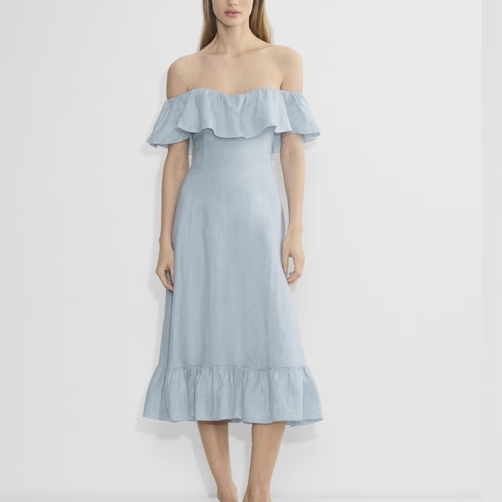 Aritzia Wilfred Marmion Linen Off-Shoulder Light Blue Dress